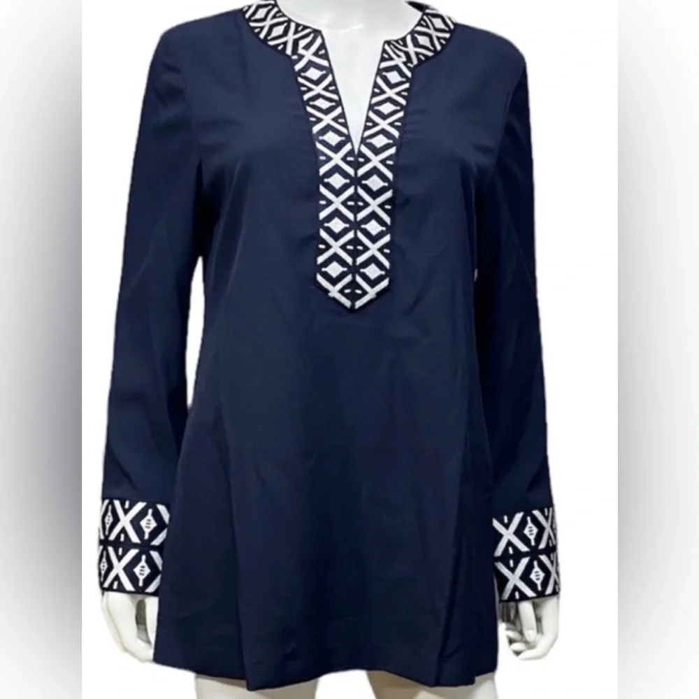 NWT Tory Burch Navy Tunic with White Geometric Embroidery - Sz 10